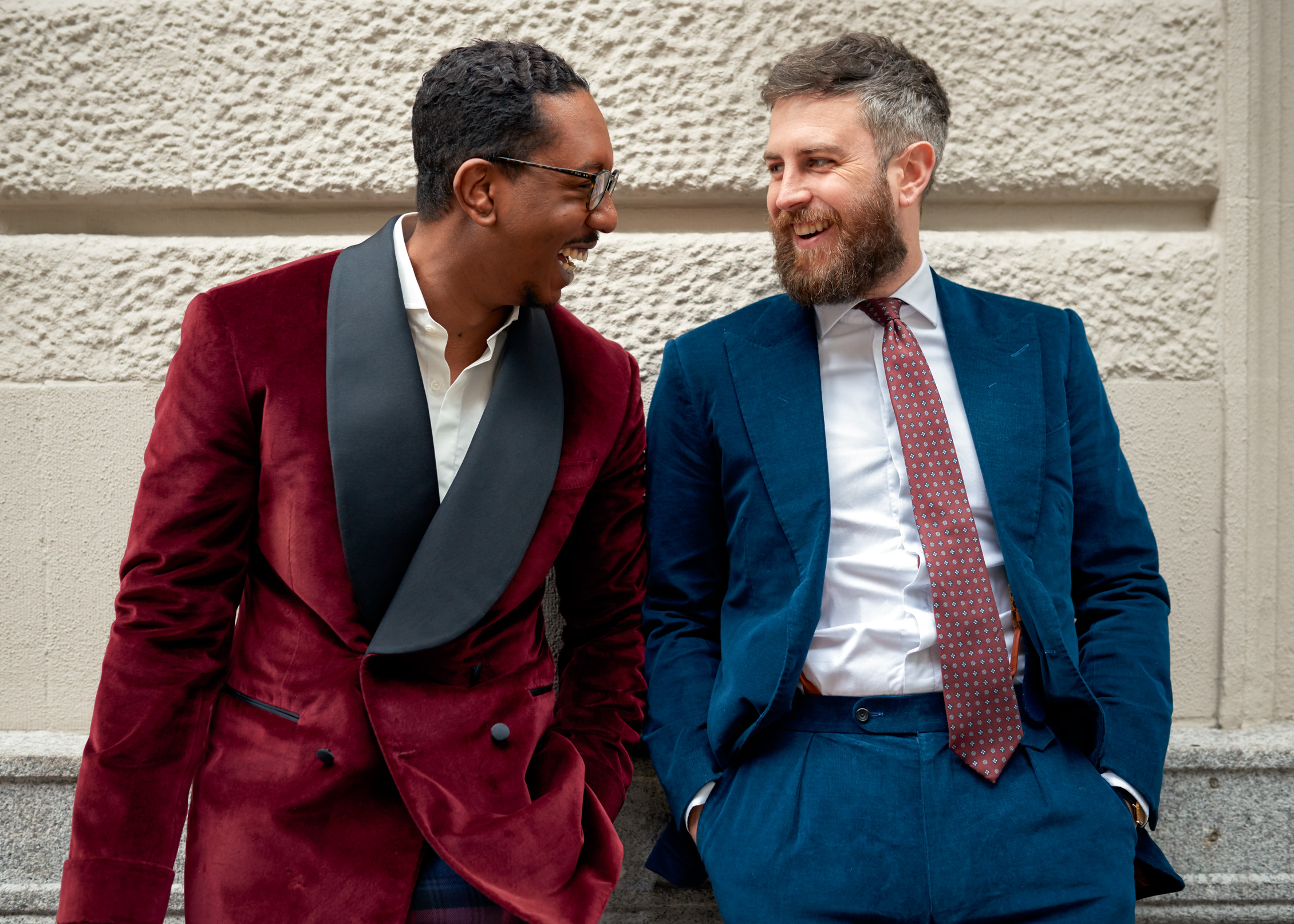 TWO TAILORS JOKE OUTSIDE THE OFFICES OF CAD AND THE DANDY ON 57TH ST NEW YORK CITY