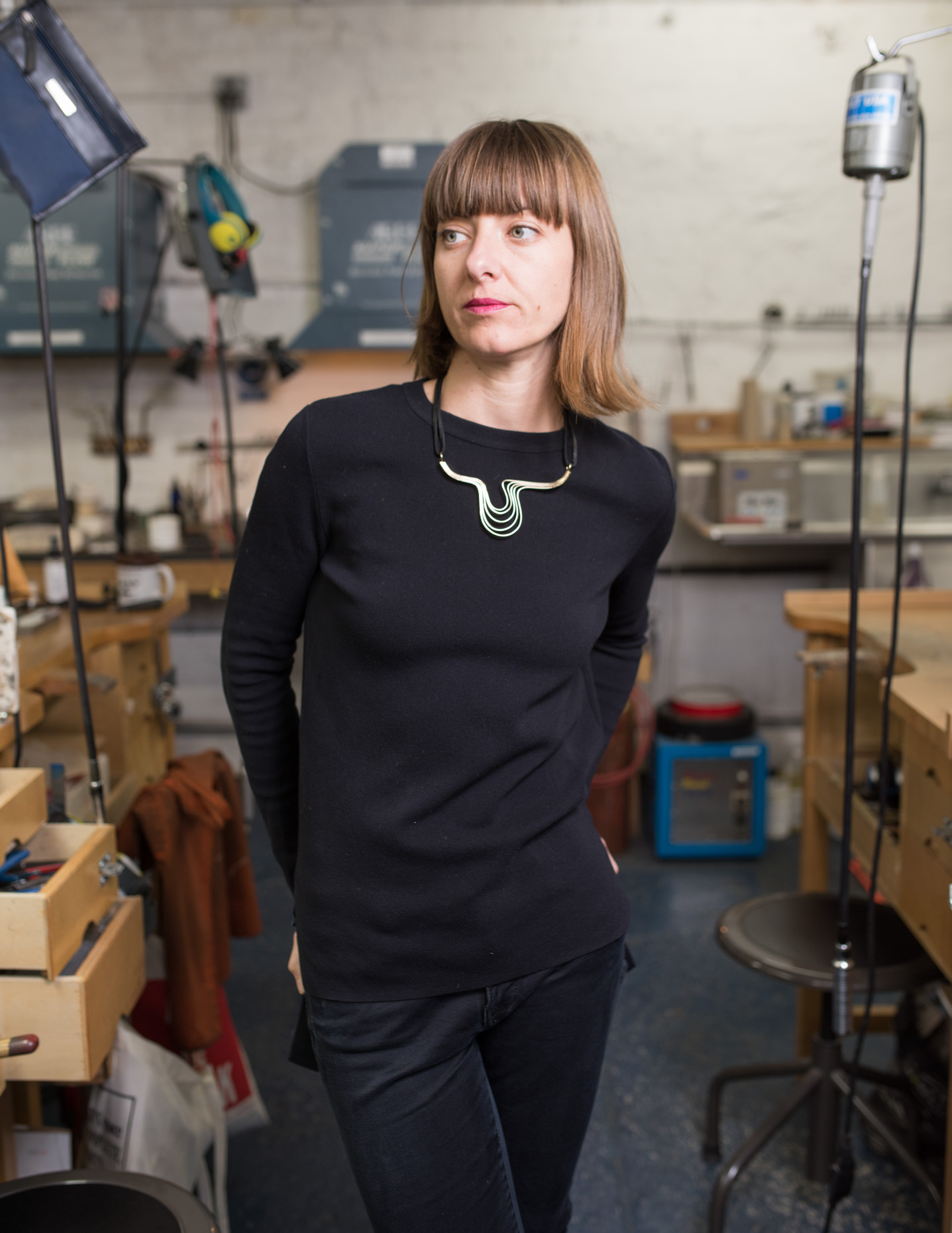 Portrait of Mia Habib in her Jewelry workshop in Brooklyn, New York City. 