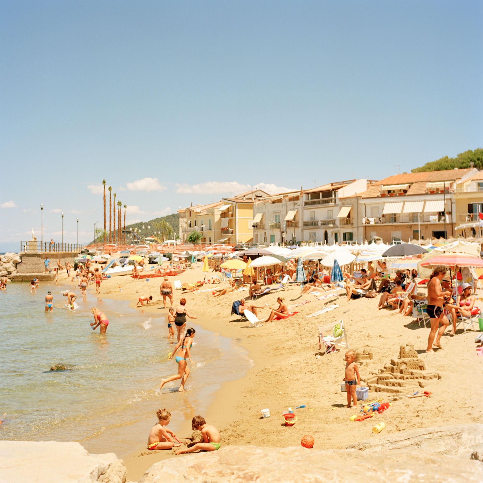 Bathers relax on a hot July in santa maria di castellabate, Italy, 6x6, film, hasselblad, color, ektar
